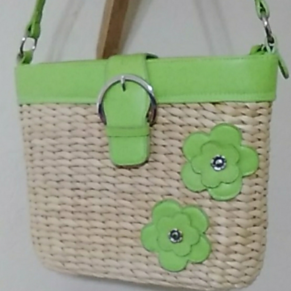 NEW Straw bag with Green leather flower accents!